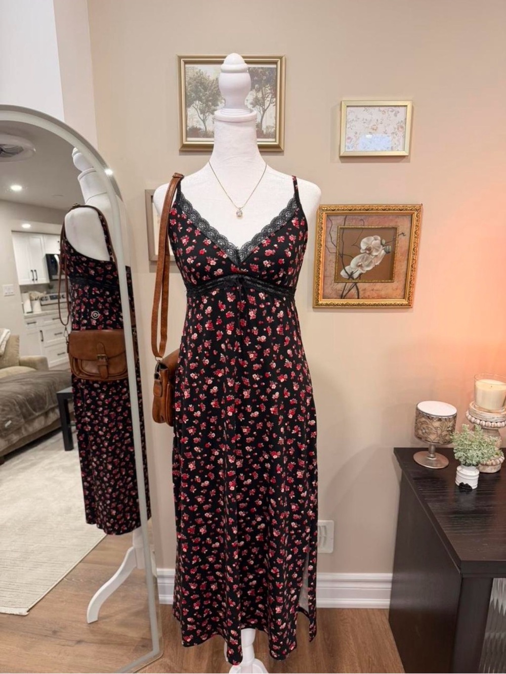 La Vie En Rose Black Maxi Slip Dress with Pink Floral Print